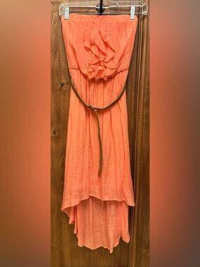 by & by Strapless Coral High-Low Dress with Ruffle Bodice